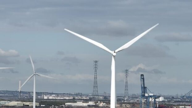 Aerial view of wind turbines at the Port of Tilbury United Kingdom.