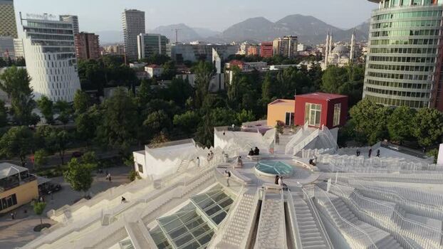 Aerial view of the Pyramid of Tirana and city skyline Albania.