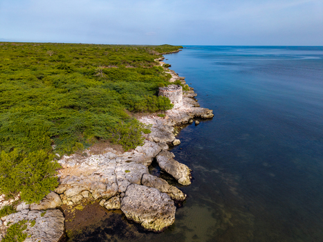Aerial view of the Historic Coastal Watchtower Ruins on the rocky coastline surrounded by dense green vegetation and the calm blue Caribbean Sea in Ferrier Nord Est Haiti. Aerial view of the Historic Coastal Watchtower Ruins on the rocky coastline surrounded by dense green vegetation and the calm blue Caribbean Sea in Ferrier Nord Est Haiti.