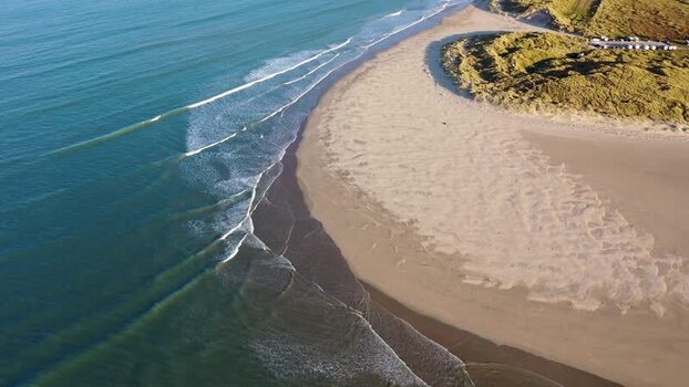Aerial view of Killahoey Beach coastline Ireland.