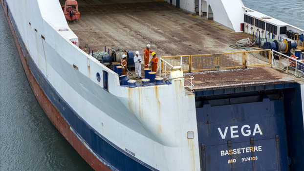 Nelson New Zealand 19 February 2026 Aerial view of Port Nelson with workers on the deck of the cargo ship Vega. Nelson New Zealand 19 February 2026 Aerial view of Port Nelson with workers on the deck of the cargo ship Vega.