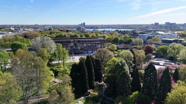Aerial view of Hamburg Dammtor station and Alster lake Germany.