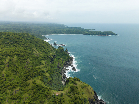 Aerial view of the rugged Pengilon Hill coastline where lush green vegetation meets the turquoise sea Gunungkidul Regency Daerah Istimewa Yogyakarta Indonesia. Aerial view of the rugged Pengilon Hill coastline where lush green vegetation meets the turquoise sea Gunungkidul Regency Daerah Istimewa Yogyakarta Indonesia.