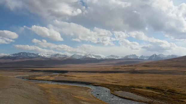 Aerial view of snowy mountains and river Pakistan.