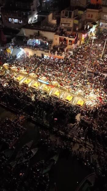 Aerial view of Dashashwamedh Ghat during Ganga Aarti India. Aerial view of Dashashwamedh Ghat during Ganga Aarti India.