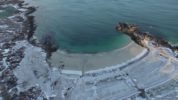 Aerial view of Lofoten beach in Vagan Municipality Norway.
