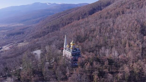 Aerial view of Shipka Memorial Church in the mountains Bulgaria. Aerial view of Shipka Memorial Church in the mountains Bulgaria.