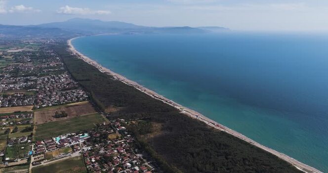 Aerial view of the coastline and sandy beaches in Paestum Italy.