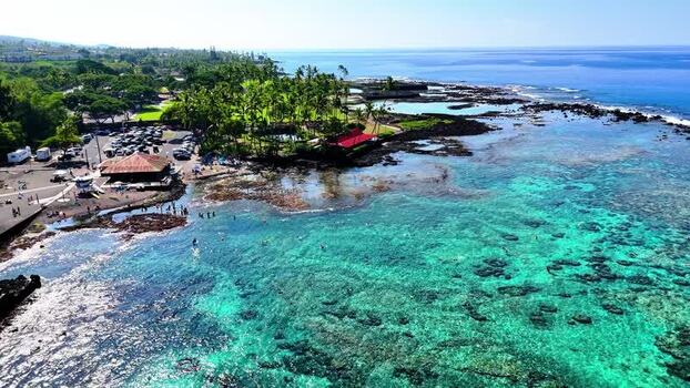 Aerial view of Kahalu u Beach Park and coral reefs United States