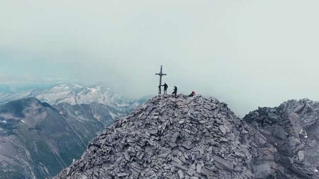 Aerial view of Grosser Moseler summit with hikers in Austria.
