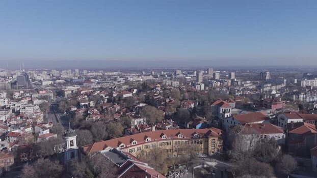 Aerial view of Plovdiv Old Town and historic rooftops Bulgaria.