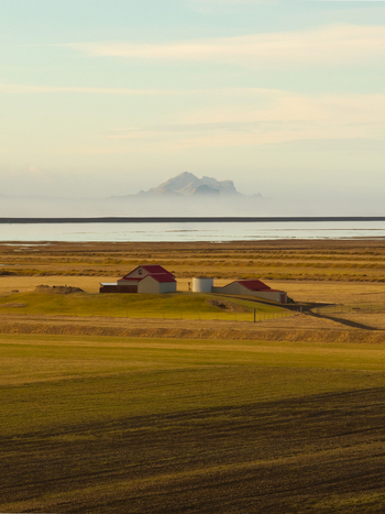 Aerial view of a rural farmstead with red roofed buildings set amidst vast golden fields and distant misty mountains in Hvolsvollur Rangarthing eystra Iceland.