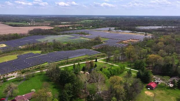 Aerial view of solar panels in rows United States.