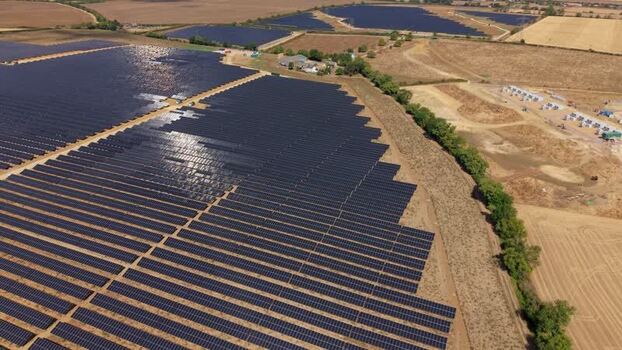 Aerial view of Eaton Socon solar farm in St. Neots United Kingdom.