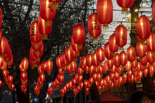 View of numerous rows of glowing red Chinese lanterns with black calligraphy hanging from trees during a festive evening celebration Beijing Beijing China. View of numerous rows of glowing red Chinese lanterns with black calligraphy hanging from trees during a festive evening celebration Beijing Beijing China.