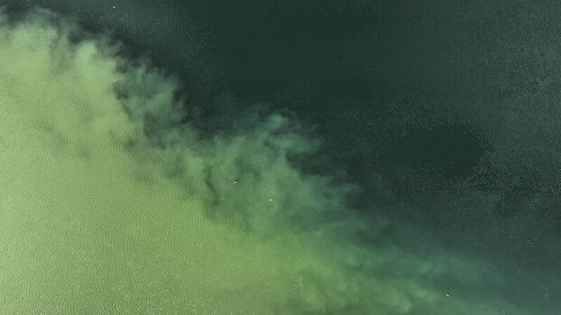 Aerial view of glacier lagoon with contrasting water Iceland.
