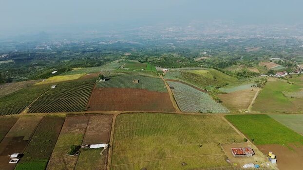 Aerial view of agricultural fields and farmland in Indonesia.
