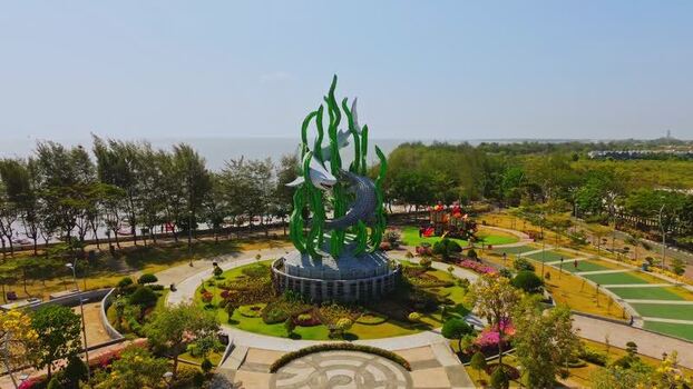 Aerial view of Sura and Baya statue in Surabaya Indonesia. Aerial view of Sura and Baya statue in Surabaya Indonesia.