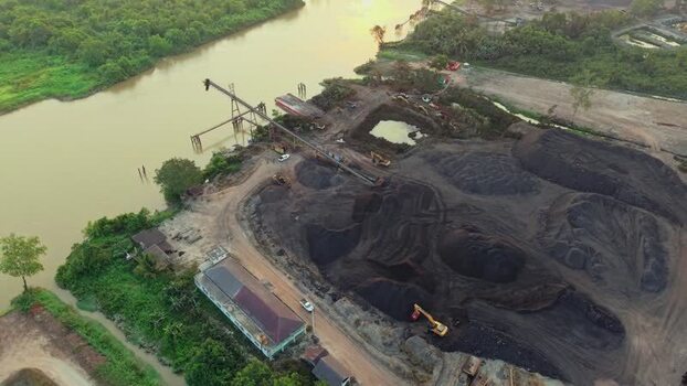 Aerial view of coal mining site in Anggana Indonesia.