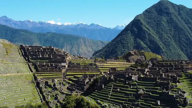 Aerial view of Machu Picchu ruins and terraces Peru. Aerial view of Machu Picchu ruins and terraces Peru.