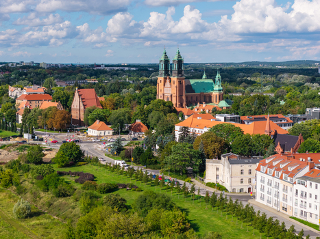 Aerial view of Poznan Cathedral surrounded by historic red tiled rooftops lush greenery and the Warta river landscape in Poznan Greater Poland Voivod Poland.