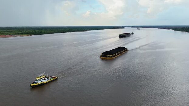 Aerial view of coal barges on Sungai Barito Indonesia.