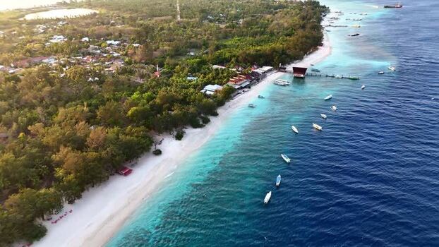 Aerial view of Gili Air beach and turquoise waters Indonesia.