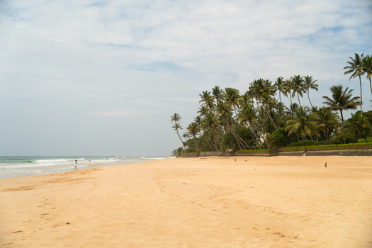 View of a wide sandy beach with palm trees and gentle waves under a cloudy sky Sri Lanka. View of a wide sandy beach with palm trees and gentle waves under a cloudy sky Sri Lanka.