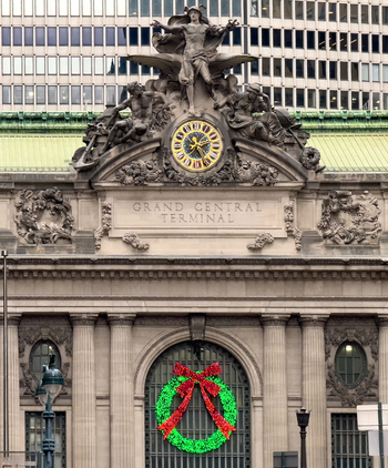 New York United States 14 May 2026 View of the Grand Central Terminal facade featuring the iconic clock sculptural group and a festive Christmas wreath. New York United States 14 May 2026 View of the Grand Central Terminal facade featuring the iconic clock sculptural group and a festive Christmas wreath.