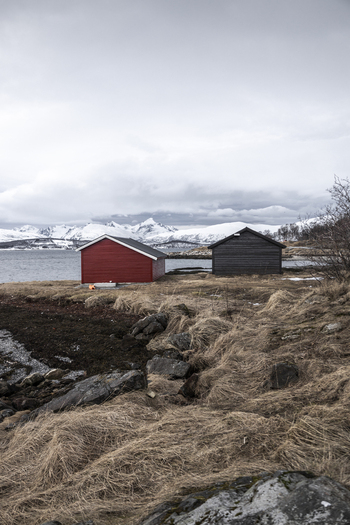 View of traditional red and black wooden cabins on a rocky shoreline overlooking a fjord and snow capped mountains under an overcast sky in Tromso Troms Norway.
