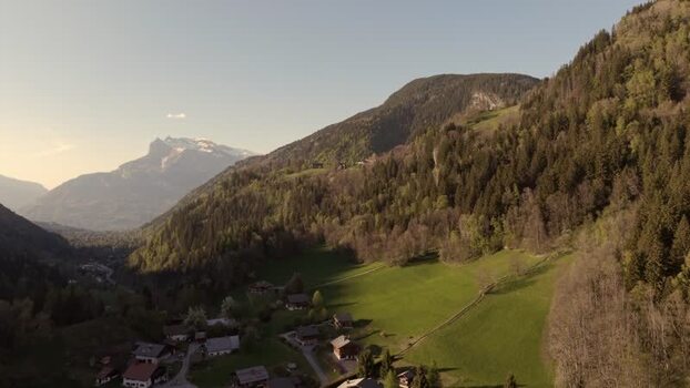 Aerial view of alpine meadows in Saint Gervais les Bains France.