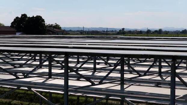 Aerial view of solar panels in a field Italy.