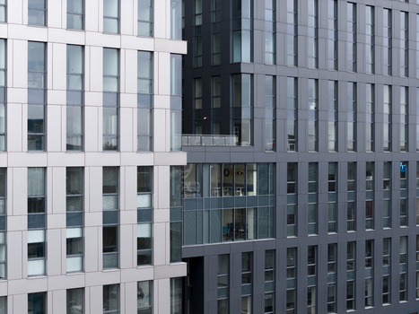 Aerial view of modern office buildings with glass and metal facades in a business park in Krakow Lesser Poland Voivode Poland.
