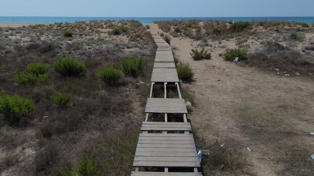 Aerial view of wooden boardwalk in Northern Cyprus.