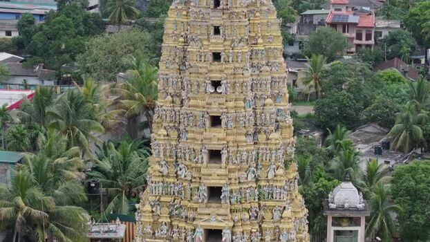 Aerial view of ornate Hindu temple tower in Kandy Sri Lanka.