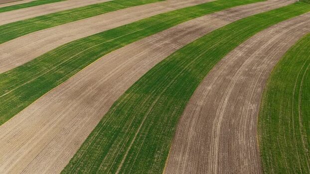 Aerial view of striped agricultural fields Czechia.