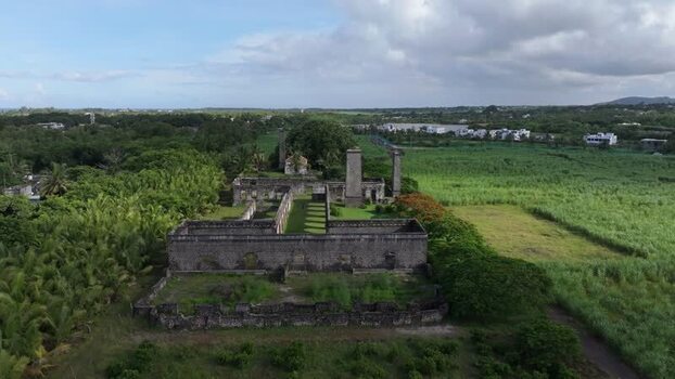 Aerial view of historic sugar mill ruins in Mauritius.