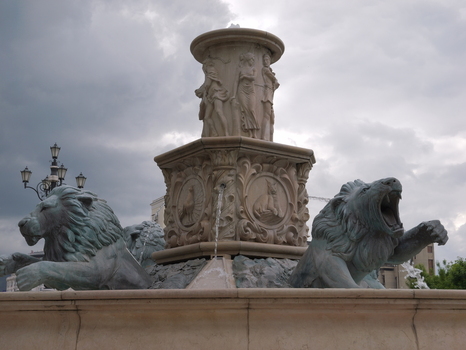 View of the Fountain of the Lions featuring bronze lion sculptures and intricate stone carvings in Skopje Greater Skopje North Macedonia. View of the Fountain of the Lions featuring bronze lion sculptures and intricate stone carvings in Skopje Greater Skopje North Macedonia.