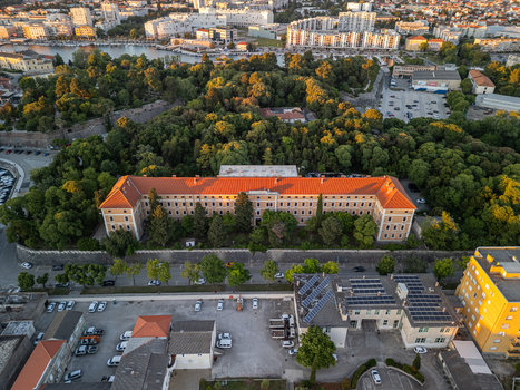 Zadar Croatia 17 May 2025 Aerial view of Vladimir Nazor Grammar School surrounded by lush trees and historic architecture in Zadar Croatia.