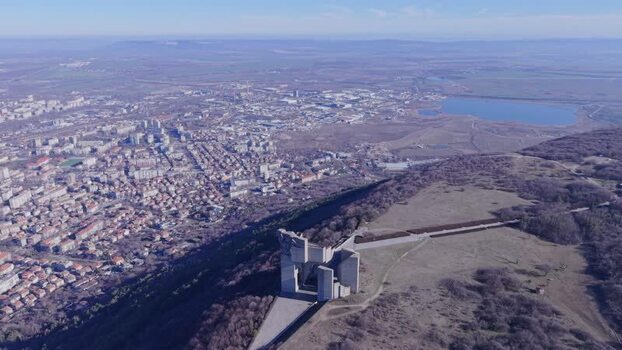 Aerial view of Founders of the Bulgarian State Monument Bulgaria.