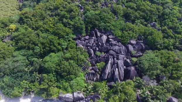 Aerial view of granite boulders in Anse Reunion Seychelles.