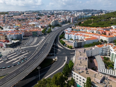 Aerial view of the highway interchange in Alges Lisbon Portugal.