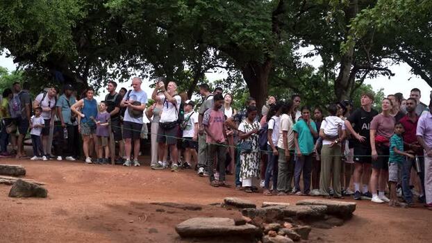 View of a crowd of tourists under trees in Sigiriya Sri Lanka.