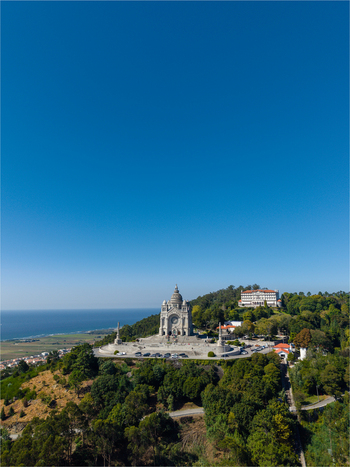 Aerial view of the Sanctuary of the Sacred Heart of Jesus atop Monte de Santa Luzia overlooking the Atlantic coastline in Viana do Castelo Viana do Castelo Dist Portugal. Aerial view of the Sanctuary of the Sacred Heart of Jesus atop Monte de Santa Luzia overlooking the Atlantic coastline in Viana do Castelo Viana do Castelo Dist Portugal.