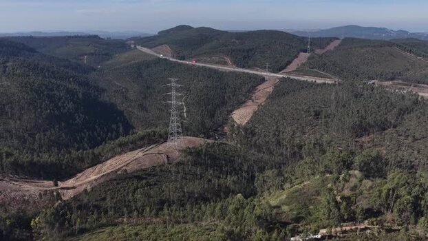 Aerial view of highway cutting through forest Portugal.