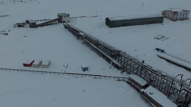 Aerial view of Pyramiden industrial structures Svalbard and Jan Mayen.