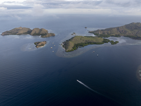 Aerial view of Komodo Island with lush green hills turquoise waters and a small boat leaving a wake in the sea in Komodo East Nusa Tenggara Indonesia.