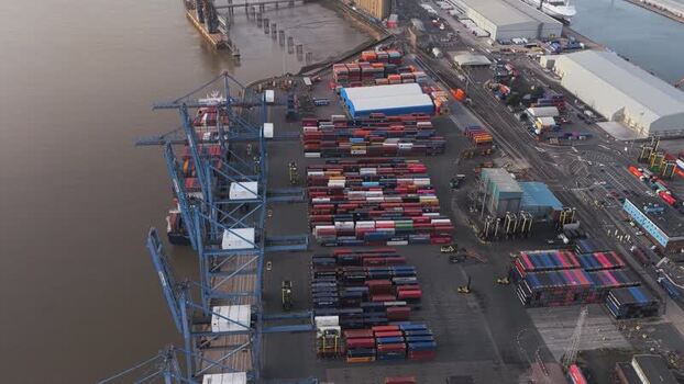 Aerial view of Tilbury Docks with shipping containers United Kingdom.