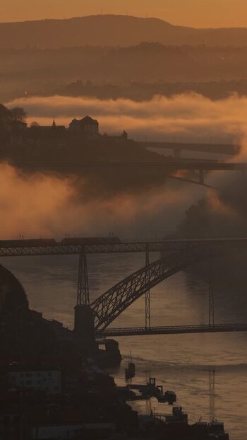Vertical aerial view of bridges over river Douro Portugal.