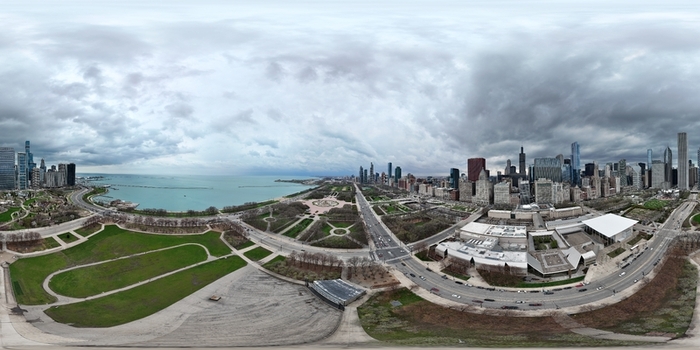 Aerial view of the skyline with Willis Tower and Grant Park featuring Buckingham Fountain and Lake Michigan under an overcast sky Chicago. Aerial view of the skyline with Willis Tower and Grant Park featuring Buckingham Fountain and Lake Michigan under an overcast sky Chicago.